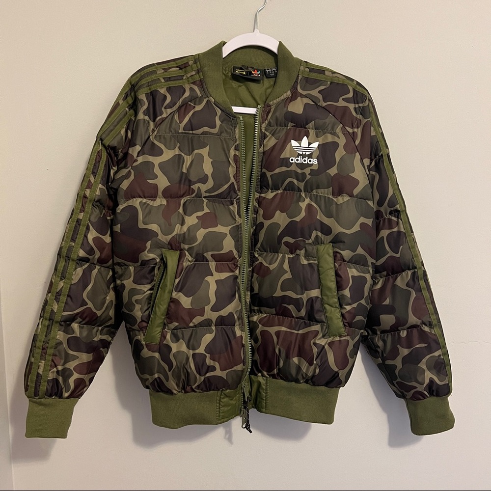 Adidas x Pharell HuHiking Camo Puffer Bomber Jacket Coat XS